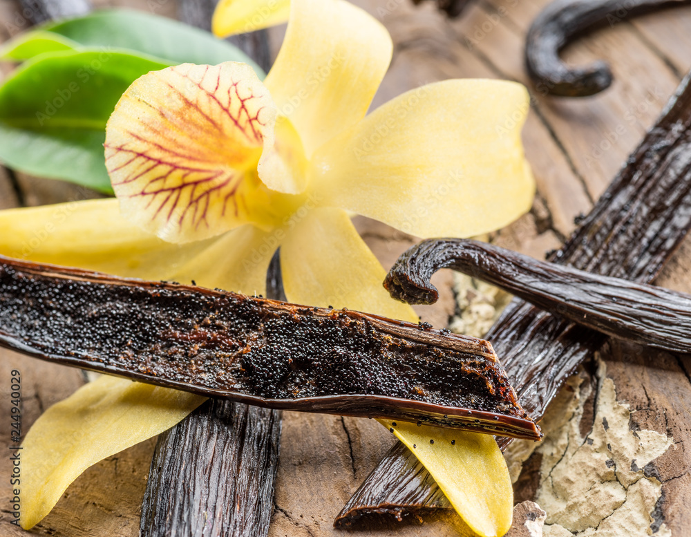Dried vanilla fruits and vanilla orchid on wooden table. - obrazy, fototapety, plakaty 