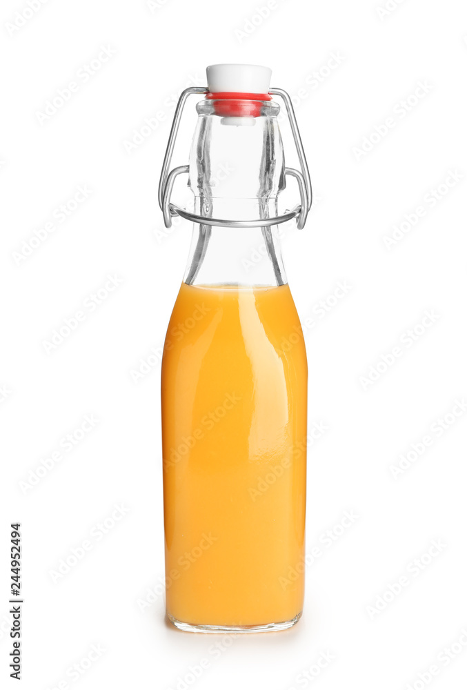 Bottle of healthy juice on white background