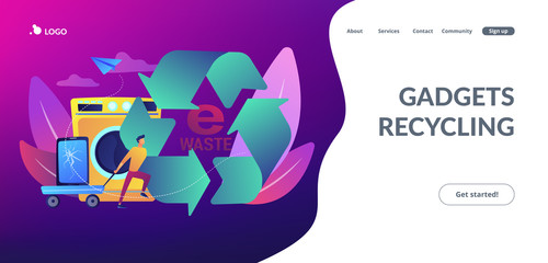 Businessman taking old smartphone in cart to electronic waste recycling. E-waste reduction, electronics trade-in programs, gadgets recycling concept.Website vibrant violet landing web page template.