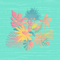 Wall Mural - Tropical flower composition, hand drawn leaf, illustration, glitch or noise effect on background. Floral bouquet, exotic plant, doodle style