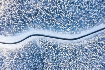 Wall Mural - aerial view on the road and forest at the winter time. natural winter landscape from air. forest und