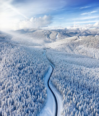 Wall Mural - aerial view on the road and forest at the winter time. natural winter landscape from air. forest und