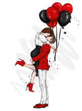 Beautiful Couple With Balloons In The Shape Of Hearts. A Girl In A Dress And High-heeled Shoes And A Man In A Coat And Trousers. Valentine's Day, Love And Relationships. Vector Illustration. 