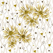 Seamless geometric abstract pattern with golden flowers for fabric shirts. Trend print for fabric and paper.