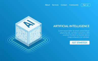 Artificial intelligence icon AI, isometric cloud computing concept, data mining, isometric, neural network, machine programming. Modern illustration isometric style on blue background.