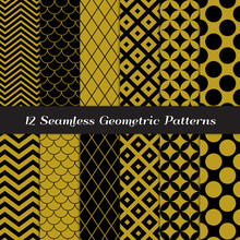 Gold, Black And White Geometric Seamless Vector Patterns. Pack Of Mod Style Backgrounds In Jumbo Polka Dot, Diamond Lattice, Scales, Quatrefoil And Chevron Patterns. Pattern Tile Swatches Included.