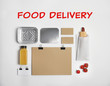 Flat lay composition with items for mock up design on light background. Food delivery service