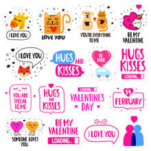 Set, Bundle Of Vector Lettering Icons. Happy Valentine's Day Concept. Badges Illustrations For Greeting Card, Stickers, T Shirt, Posters Design.