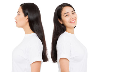 Wall Mural - Skin care. Profile portrait collage of Brunette asian girl with long and shiny straight female hair isolated on white background . Copy space