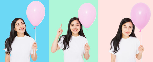 Wall Mural - Happy birthday. Balloon party collage. Happy asian girl with balloons isolated on white colorful background. Copy space. Blank template t shirt.