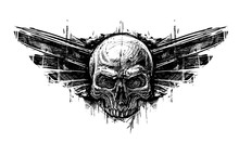 Detailed Graphic Hand Drawn Realistic Black And White Human Skull With Wings. Trash Polka Style. On White Background. Vector Icon.