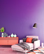 living interior design in classic style with decoration set on sideboard, velvet armchair on wooden floor and violet wall,3d illustration,3d rendering