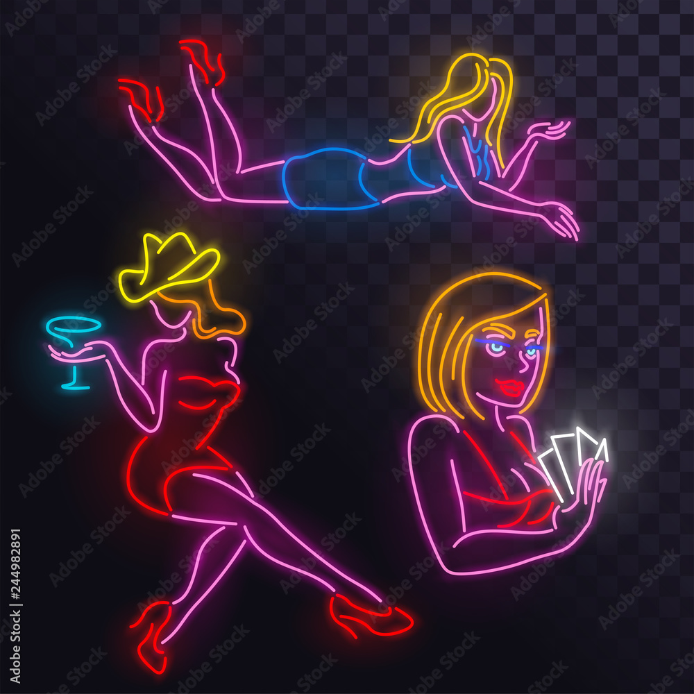 Set of neon girls on a transparent background, casino, strip club, night club, bar