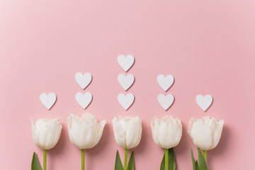 Wall Mural - White flowers and hearts on a pastel pink background