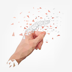 crumbling polygonal human hand, index finger, wireframe palm