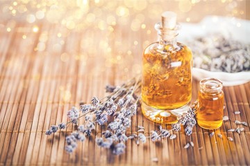 Poster - Lavender flowers and glass bottle isolated