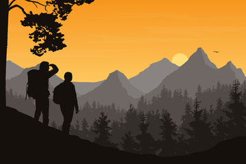 Wall Mural - realistic illustration of mountain landscape with forest and two tourists, man and woman. morning or
