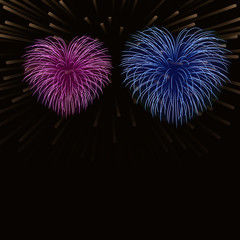 Beautiful heart-fireworks background card. Bright romantic couple fireworks. Isolated black background. Light love salute for Valentine Day celebration. Symbol wedding Vector illustration