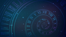 Background With Spiral Dial, Clock In Space. Time, Eternity, Universe Metaphor