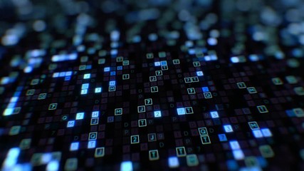 Canvas Print - Moving at the Screen Display with Blue Symbols of Digital Code Abstract Input Process Close-up Seamless. Looped 3d Animation. Business Information and Technology Concept. 4k Ultra HD 3840x2160