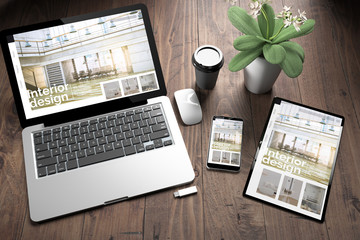 Wall Mural - three devices on wooden desk top view interior design website