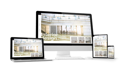 Wall Mural - computer gadgets with interior design website space on screen