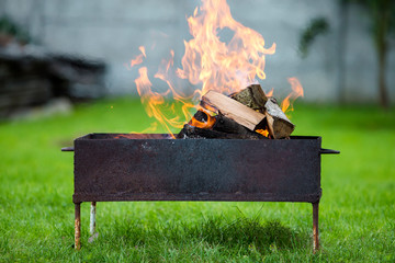 Brightly burning in metal box firewood for barbecue outdoor. Camping, safety and tourism concept.