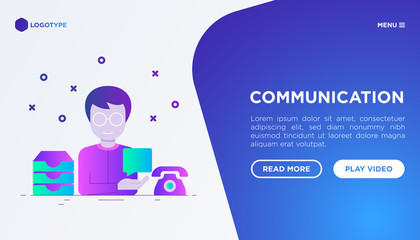 Communication web page template: man with speech bubble, inbox e-mail, telephone. Flat gradient style. Modern vector illustration.