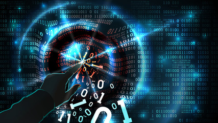 Hacker hand touches binary code and hacks abstract database, firewall, social network account, computer internet server, theft of data. Binary code abstract background, vector