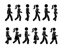 Stick Figure Walking Man And Woman Vector Icon Pictogram. Group Of People Moving Forward Sequence Set