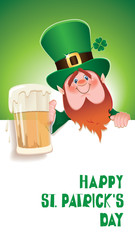 Wall Mural - Saint Patrick's Day concept.Cartoon of Leprechaun toasted with beer mug next to textual signboard.