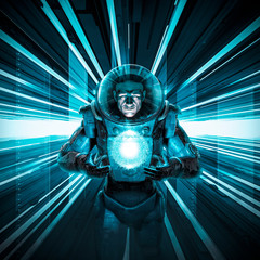 Wall Mural - male astronaut delivering the orb / 3d illustration of science fiction scene with astronaut in space