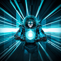 Wall Mural - female astronaut delivering the orb / 3d illustration of science fiction scene with astronaut in spa