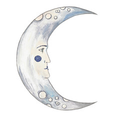 illustration of a moon with a human face in vintage style.