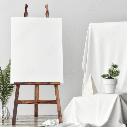 Cuadros en Lienzo Mock up Canvas in artistic studio, two rose poufs, 3d render, 3d illustration