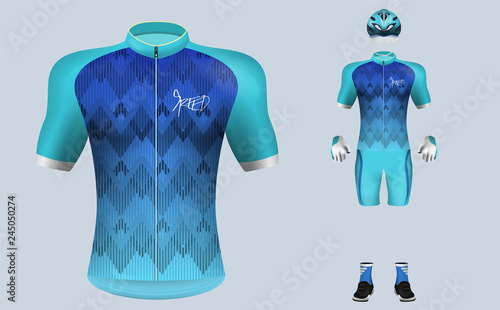 Fotomural 3D realistic of front of blue gradient cycling jersey t shirt with pants and helmet on shop backdrop