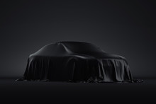Presentation Of The Car Covered With A Black Cloth. 3d Rendering