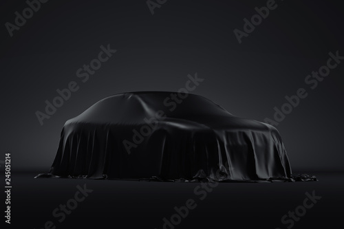 Fotografía Presentation of the car covered with a black cloth. 3d rendering