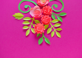 Flower made of paper pink background. Trend color pastel coral.