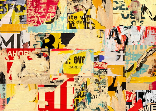 Fotografia Collage ripped torn advertisement street posters grunge creased crumpled paper t