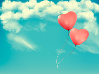Aufkleber - Valentine heart-shaped baloons in a blue sky with clouds. Vector background