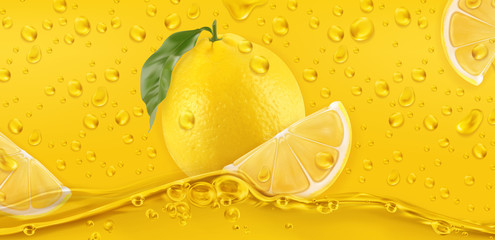 Wall Mural - Yellow drops. Lemon. 3d realistic vector