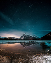 Beautiful Night Full Of Stars Above Mt Rundle, Vermilion Lakes And Banff Town, Banff National Park, Canadian Rockies, Rocky Mountains, Travel Alberta, Canada, North America