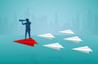 © Ton Forio - Businessmen standing holding binoculars on a red paper plane competition and white. go to target business success. startup. leadership. illustration cartoon vector
