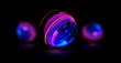 © rybindmitriy - 3D Atom icon. Nuclear model on dark background. Glowing bots structure.  Physics electrons concept. Ray ring ball. Micro model proton. Glow core. Light cell. Magic orb. Bright circle. Optical flare.
