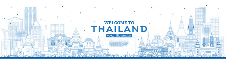 Wall Mural - Outline Welcome to Thailand City Skyline with Blue Buildings.