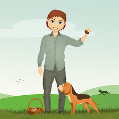 Sticker - illustration of man and truffle dog in the forest