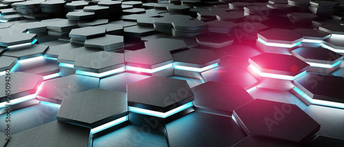 Black blue and pink hexagons background pattern 3D rendering