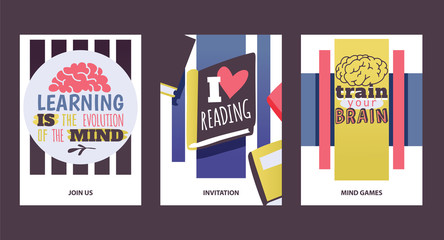 Studying concept. Learningis the evolution of the mind. I love reading. Train your brain. Motivation cards vector illustration. Join us. Invitation. Mind games. Literature.