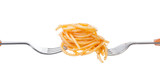 Fototapeta Las - Delicious pasta on fork against white background